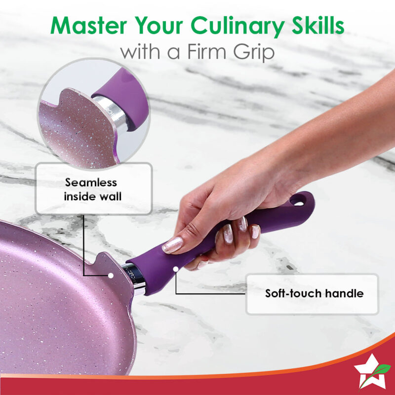 Royal Velvet Non-stick 30cm Dosa Tawa I Induction Ready | Soft-touch handles |Non – Toxic I Virgin Aluminium| 3 mm thick | 1.8 litres | 2 year warranty | Purple - Image 5