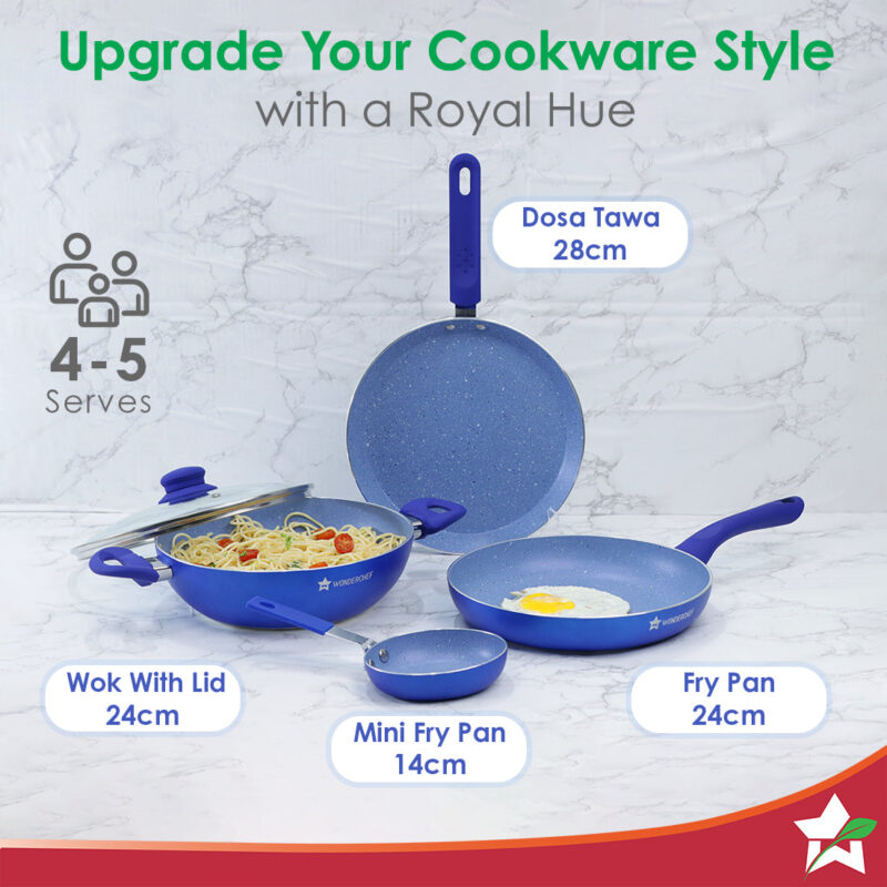 Royal Velvet Non-stick Cookware Set, 5Pc (Fry Pan with Lid, Wok, Dosa Tawa, Mini Fry Pan) Induction Bottom, Soft-touch Handles, Virgin Grade Aluminium, PFOA/Heavy Metals Free, 3mm, 2 Years Warranty, Blue - Image 5