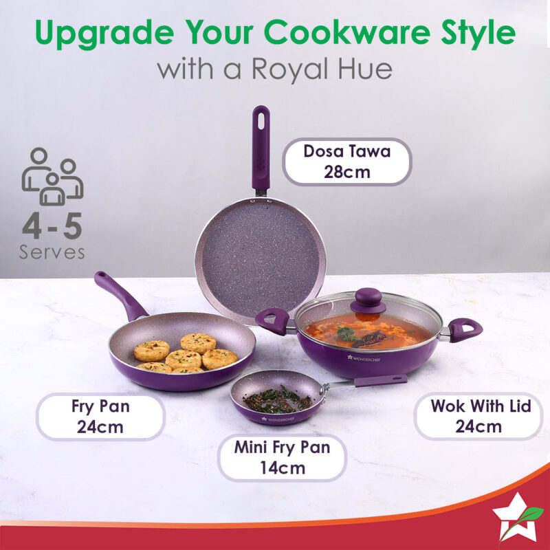 Royal Velvet Non-stick 5-piece Cookware Set (Fry Pan with Lid, Wok, Dosa Tawa, Mini Fry Pan) | Induction Ready (Dosa Tawa only)| Soft-touch handles |Non – Toxic I Virgin Aluminium | 3 mm thick | 2 years warranty | Purple - Image 5