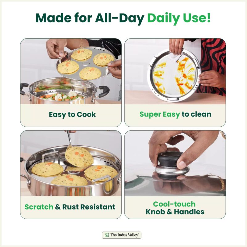 4 Pit Tri-Steel Premium Stainless Steel Idli/ Dhokla/ Momo Maker/ Multi Pot/ Veg Steaming Set, Tri-ply Induction Bottom, 5 Plates, 3L - Image 8