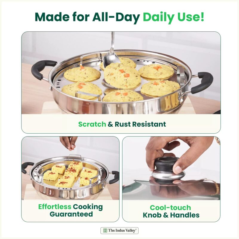 7 Pit Tri-Steel Premium Stainless Steel Idli/ Dhokla/ Momo Maker/ Multi Pot/ Veg Steaming Set, Tri-ply Induction Bottom, 5 Plates, 4.2L, 2.5kg - Image 9