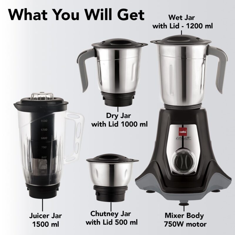 Cello Hercules Mixer Grinder 750W, Black- 2 Year Warranty (Wet Jar with Lid- 1.2 L; Dry Jar with Lid- 1L; Chutney Jar with Lid- 500ml; Juicer Jar Capacity- 1500ml; Spatula) - Image 3