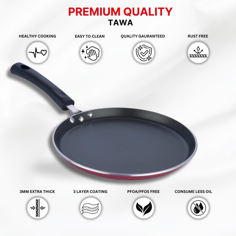 Vinod Zest Aluminium Non Stick Dosa Omni Tawa - 28cm | 4mm Extra Thick | 3 Layer Ceramic Coat | Bakelite Handle | Toxin Free | Gas Base - 1 Year Warranty - Image 9