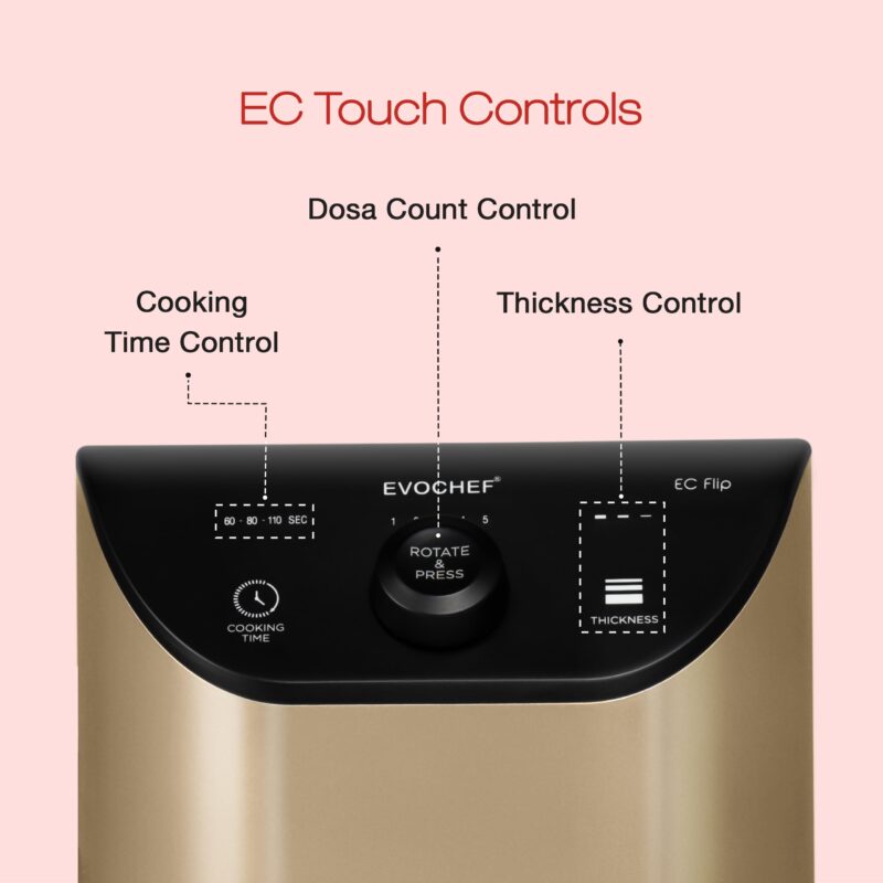 EVOCHEF EC Flip Automatic Dosa Maker, 1-Minute Dosas, 360° Food Grade Coated Roller, Easy Cooking Time & Thickness Control, Touch Controls, Compact & Portable, 1600W, 1 Year Warranty, White - Image 5