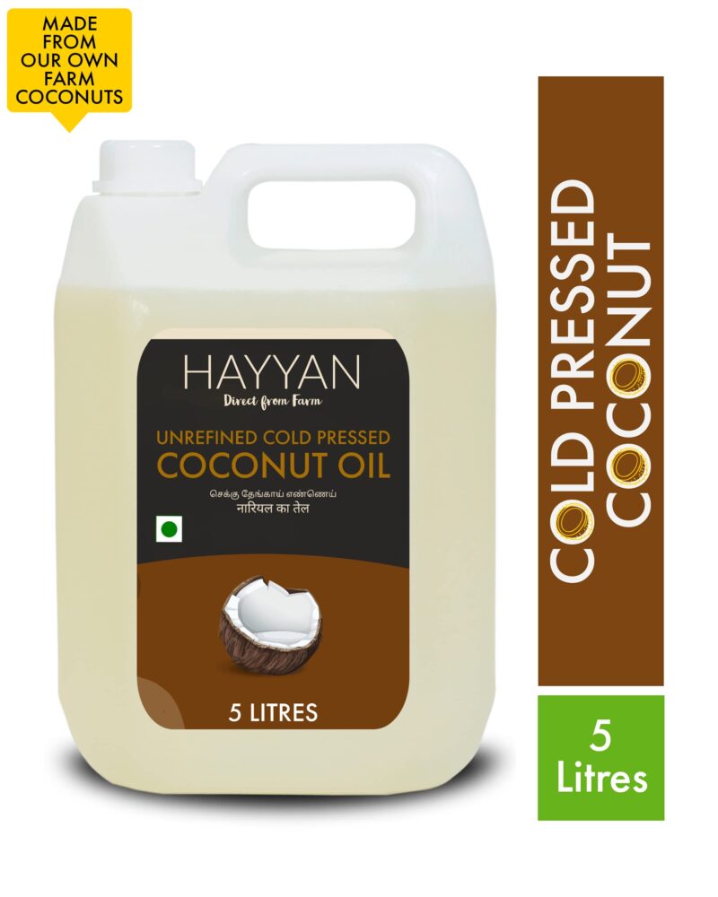 HAYYAN Cold Pressed Coconut Oil - Own Farm Unrefined for Cooking, Skin, Hair & Baby massage (Chekku/Ghani) - 5 Litres - Image 4