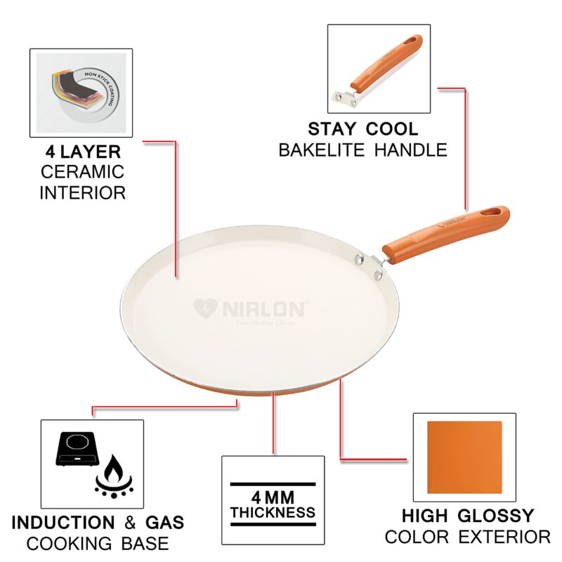 Nirlon Ceramic Flat Dosa Tawa 28cm,Heat-Resistant Handle, Heavy Guage 4mm Thick Aluminum Cookware for Induction/Gas Stove Tops, 4-Layer Nonstick Coatings, Orange(Ceramic_Flat_Tawa 28cm) - Image 8