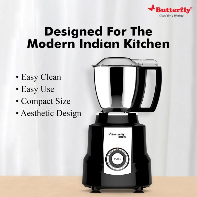 Butterfly Magnum 1.2HP Mixer Grinder with 4 Jars | 100% Copper Motor | 3 Stainless Steel Multipurpose Jars and 1 Juicer Jar | ABS Body | Handsfree Operation | Lifetime Motor Warranty| Black - Image 3