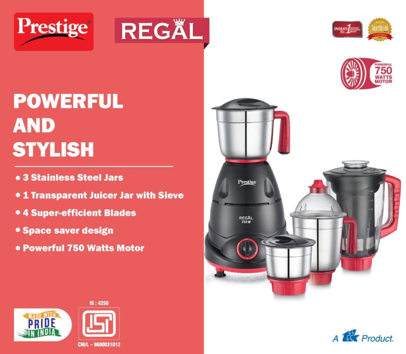 Prestige Regal Mixer Grinder, 750W, 3 Stainless Steel Jar + 1 Juicer Jar, Multi-Color, Medium - Image 4
