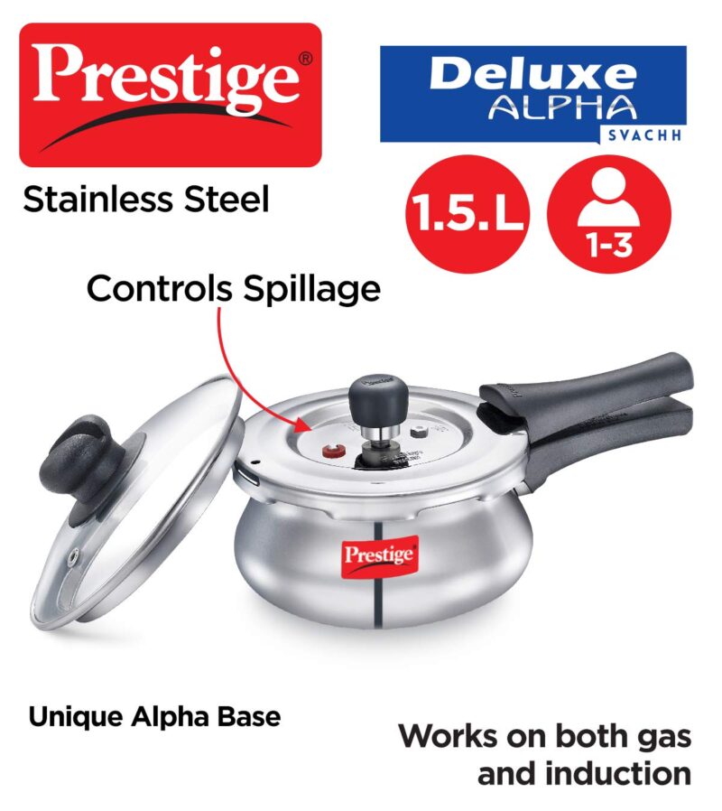 Prestige Deluxe Alpha Svachh Stainless Steel Pressure Cooker 1.5L With Glass Lid (With Deep Lid For Spillage Control ) - Image 4