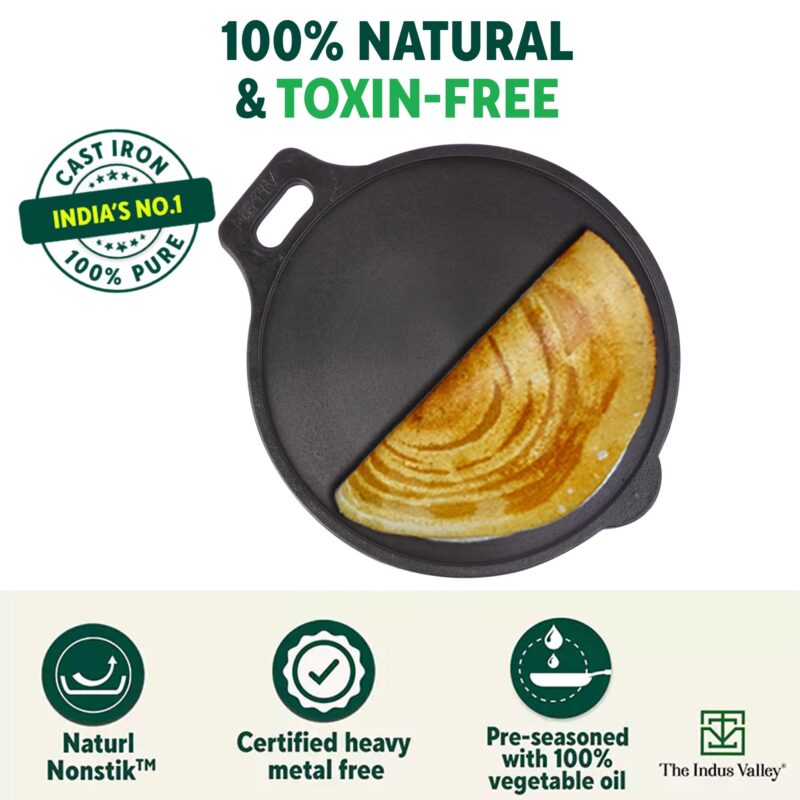 The Indus Valley Super Smooth Cast Iron Tawa with Free Wooden Spatula for Dosa/Chapathi | 27.6cm/10.8 inch, 2.8kg | Induction Friendly | Naturally Nonstick, 100% Pure & Toxin-Free - Image 7