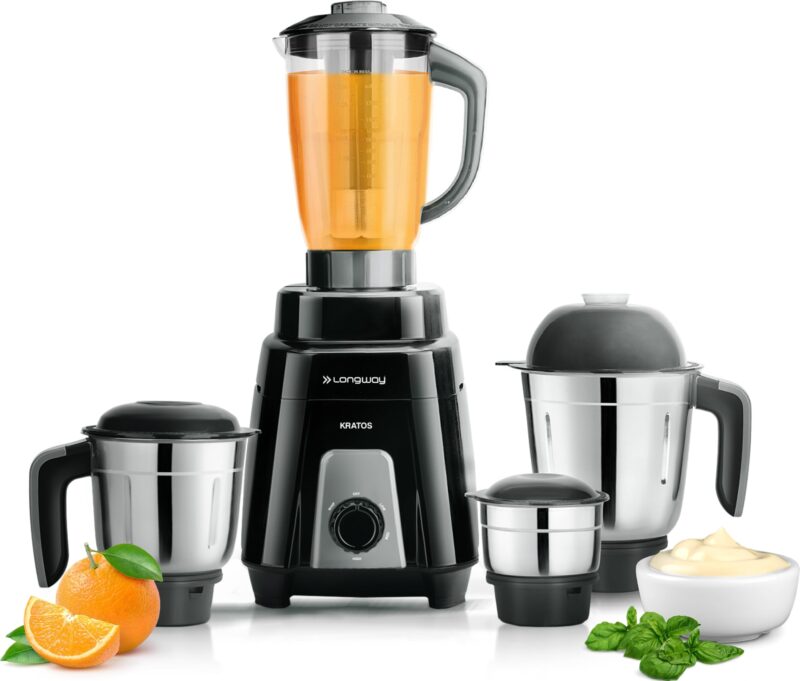 Longway Kratos 1000 Watt Juicer Mixer Grinder with Multipurpose Jars for Grinding, Mixing, Juicing with Stainless Steel Blades | 1 Year Warranty | (Black, 4 Jars)