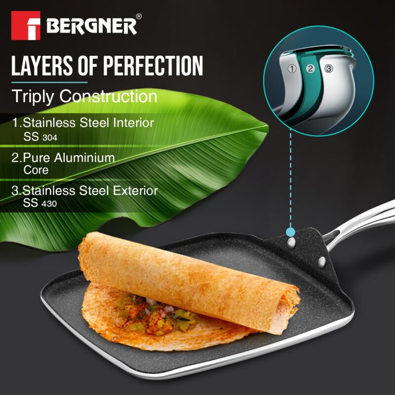 BERGNER Argent Samsara Triply Stainless Steel 27cm Square Multi Tawa with Quantanium Non-Stick Coating, Consumes Less Oil, Healthy Cooking, Even and Fast Heating, Easy to Clean - Induction Compatible - Image 5