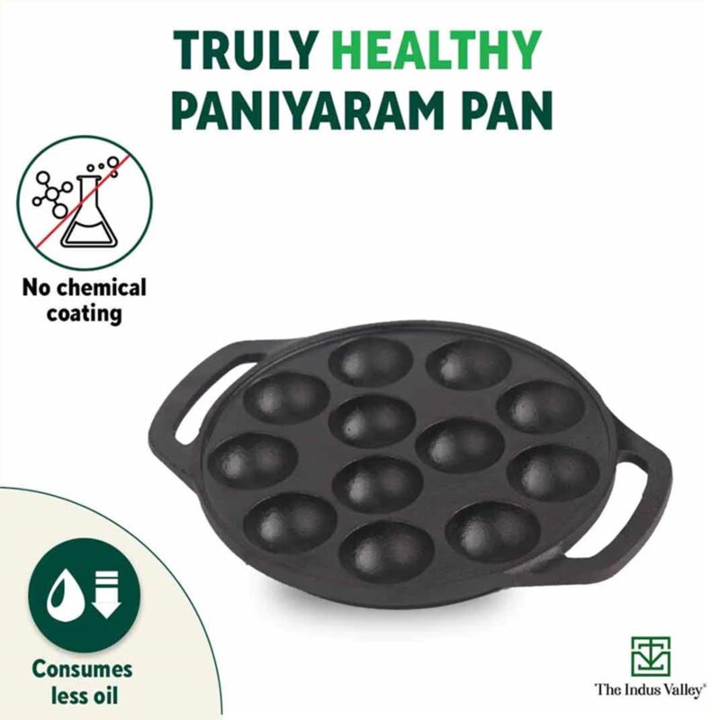 The Indus Valley Pre-Seasoned Cast Iron Paniyaram Pan With Spatula|Medium, 12Pit, 8.3Inch/21 Cm, 2Kg|Induction Friendly|Nonstick Appe/Paddu Pan, 100% Pure & Toxin-Free, No Chemical Coating, Black - Image 7