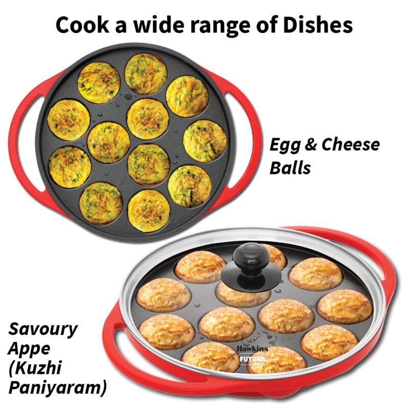 Hawkins Futura 26 cm Appe Pan, Non Stick Paniyaram Pan with Glass Lid, 12 Cups Paniyarakkal Ceramic Pan, Litti Pan, Kuzhi Paniyaram Pan, Ponganalu Pan, Red (NAPE26G) - Image 6