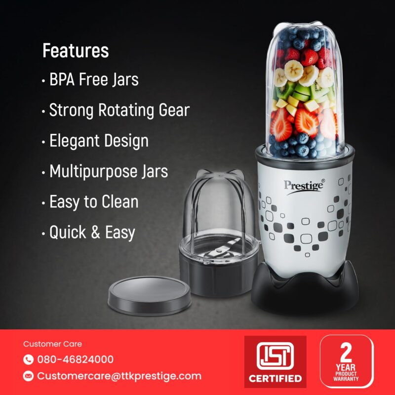 Prestige Nutri-Mix 2.0, 350W Mixer Grinder with 2 Multipurpose Jars | Compact Design | Dual Safety Interlock System | Extra Lids for Storage | Black & Grey - Image 2