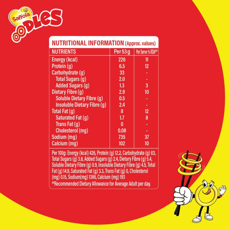 Saffola Oodles Yummy Masala Pack of 14 (14x53g) 742gm, Instant Noodles, Ring Noodles, No Maida, Goodness of Millet & Oats - Image 3
