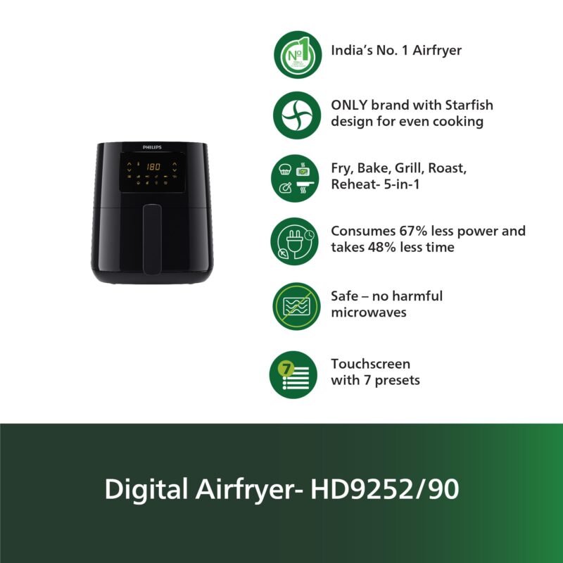 PHILIPS Digital Air Fryer HD9252/90 with Touch Panel, uses up to 90% less fat, 7 Pre-set Menu, 1400W, 4.1 Liter, with Rapid Air Technology (Black), Large - Image 6