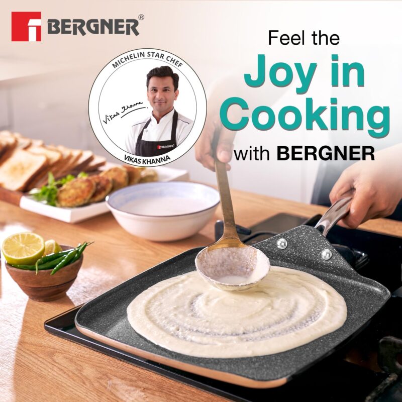 BERGNER Argent Samsara Triply Stainless Steel 27cm Square Multi Tawa with Quantanium Non-Stick Coating, Consumes Less Oil, Healthy Cooking, Even and Fast Heating, Easy to Clean - Induction Compatible - Image 7