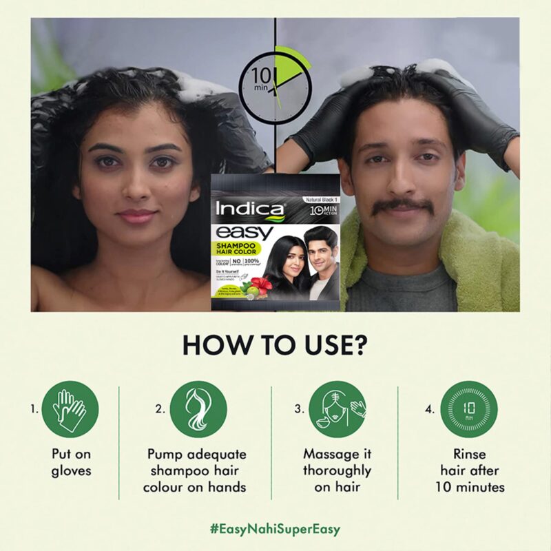 Indica Easy Do-It-Yourself 10 Minutes Hair Color Shampoo with 5 Herbal Extracts and 100% Ammonia Free, Long Lasting Formula, (12.5g + 12.5ml) - Natural Black Colour (Gloves Included) - Image 2