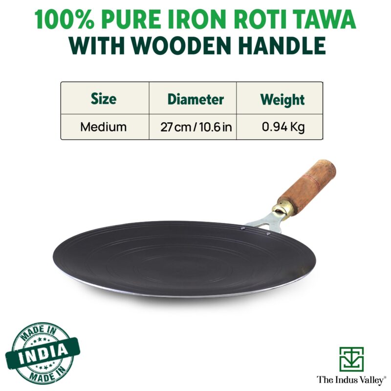 The Indus Valley Pre-Seasoned Iron Tawa for Dosa/Chapathi with Wooden Handle | 27cm/10.6 inch, 0.95kg | Gas Stove Friendly | 100% Pure & Toxin-Free, No Chemical Coating - Image 8