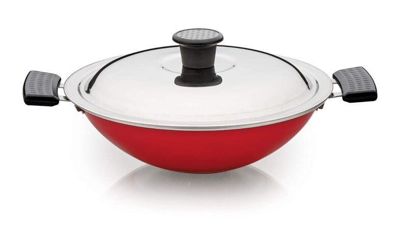 SOWBAGHYA Non Stick Aluminium Deep Appakadai - Red - Appam Maker Non Stick with Lid - Appam Chatty Non Stick - Appachatti - Appam Kadai - Ideal for Indian Cooking (Aluminium, 2.6 mm Thickness)