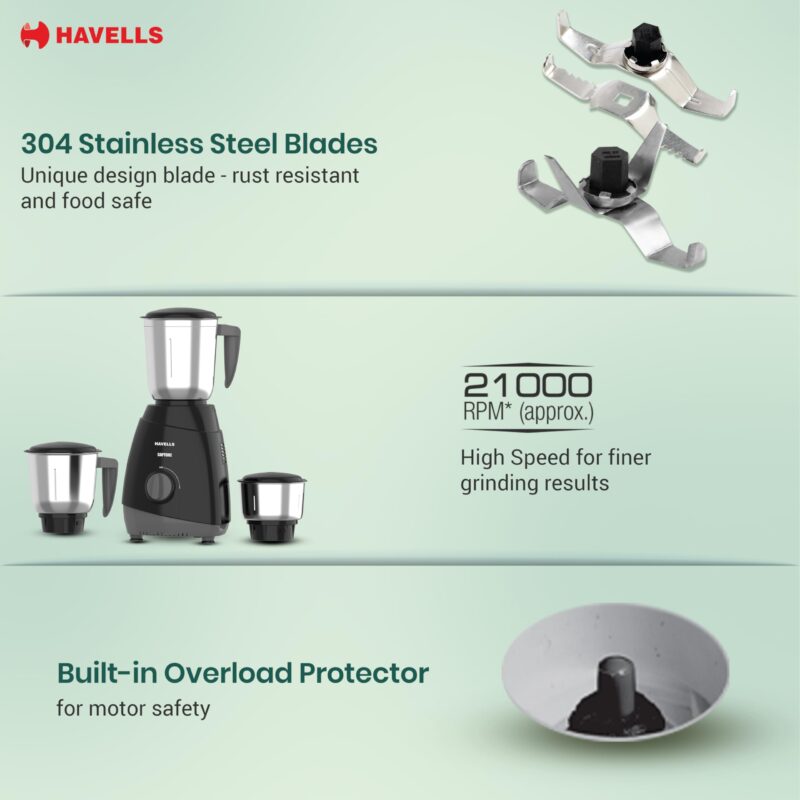 Havells Capture 500 Watts 3 Jar Mixer Grinder, High Speed 21000 Rpm Motor, Rust Resistant 304 Ss Blades,1.5 Ltr Bigger Size Blending Jar, 1 Year Manufacturer Warranty, Black - Image 3