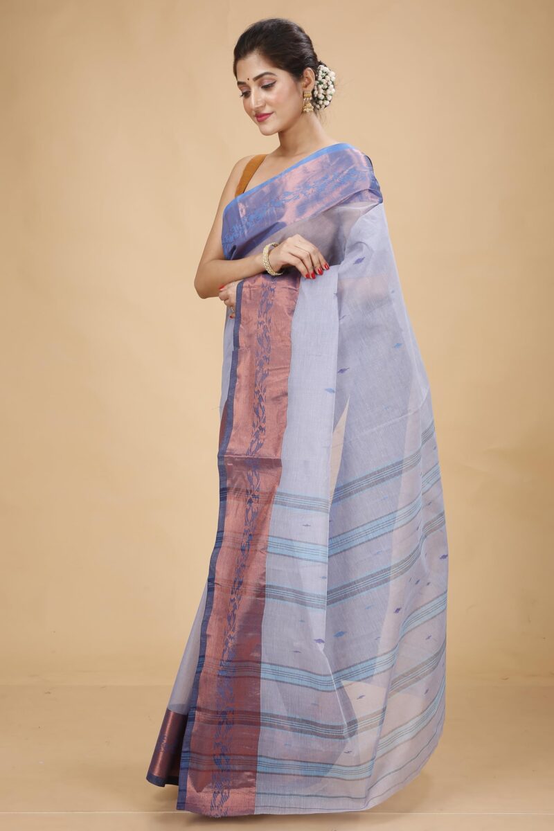 Laxmi Handloom Women's Traditional Bengal Tant Handloom Pure Cotton Tangail Zari Border Saree without Blouse Piece (Grey) - Image 4