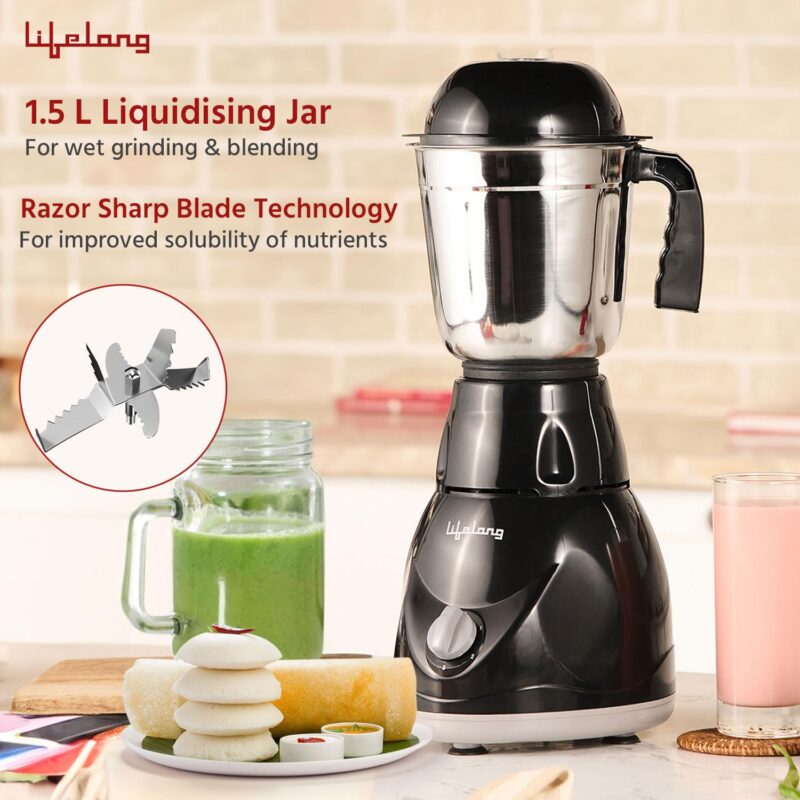 Lifelong Mixer Grinder for Kitchen - 3 Jars 500 Watt Mixie - Chutney Jar, Dry Grinder Jar & Liquidizing Jar used as Wet Grinder & Blender for Milkshake, Smoothie, Puree -Stainless Steel Blades(LLMG23) - Image 9