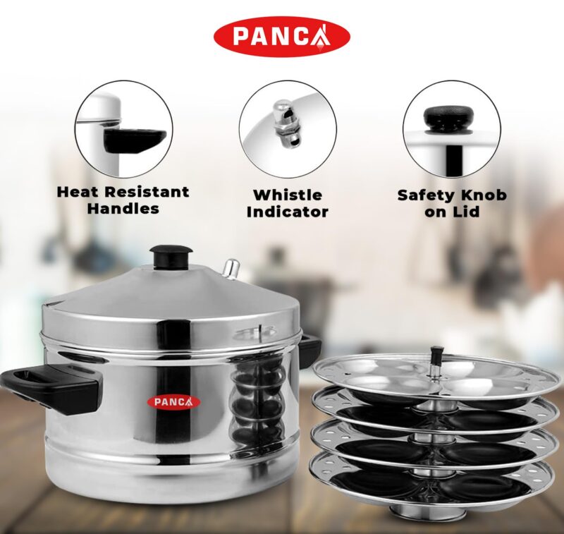 PANCA Stainless Steel Idli Cooker, 4 Plates Idli Maker With Whistle (16 Idli, Pack of 1) - Image 3