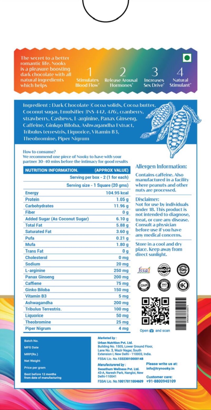 InstaEats Nooky Premium Aphrodisiac Chocolate For Lgbtq+|Mood-Enhancing,All-Natural Ingredients|Vegan-Friendly,Decadent Dark Chocolate (Pack Of 1,58 Gram) - Image 6