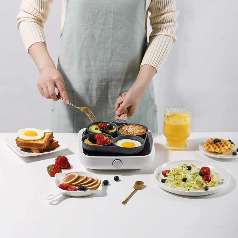 ZDQTRA 4 Hole Non Stick Egg Frying pan with Detachable Wooden Handle,Multi Purpose Frying pan for Omelet uttapam idli Burger Poached Egg Kitchen Breakfast (1 pcs/Multicolor) - Image 4