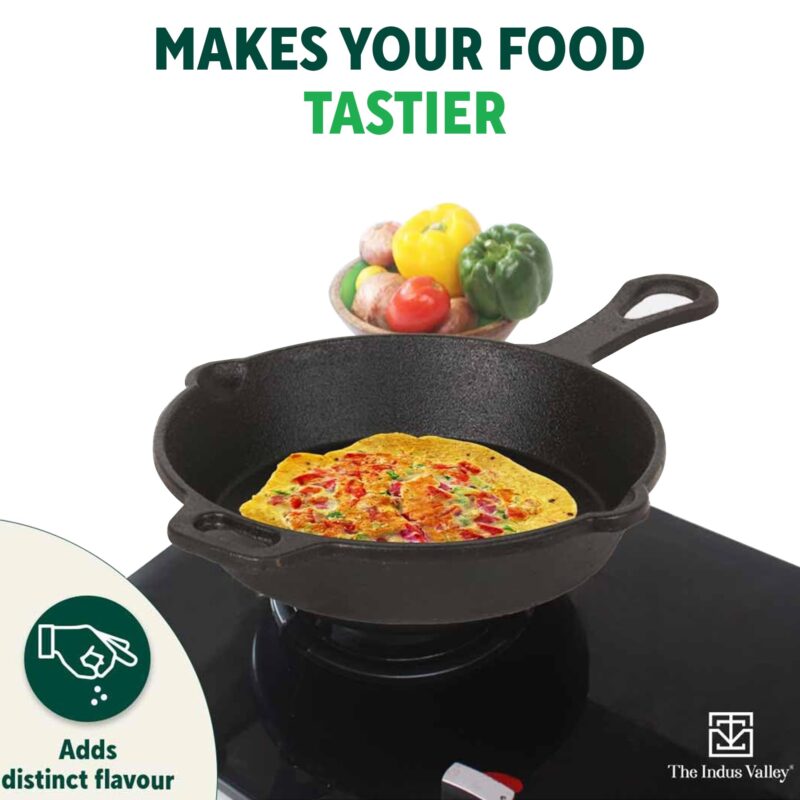 The Indus Valley Pre-Seasoned Cast Iron Cookware Set+ Free Tadka Pan|Tawa (30.5 Cm)+ Kadai (25.4 Cm/2.3L)+ Fry Pan (23 Cm/1.4L)|Kitchen Cooking Combo Pots & Pans Set Of 4Pcs|Naturally Nonstick - Black - Image 5