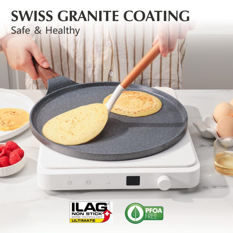 SENSARTE Nonstick Crepe Pan, Swiss Granite Coating Dosa Pan Pancake Flat Skillet Tawa Griddle 12-Inch with Stay-Cool Handle, Induction Compatible, PFOA Free - Image 9