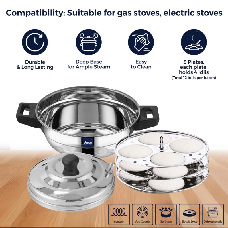DACE Lite 3 Plate Ss Idli Cooker With Whistle Indicator | Idli Cooker Stainless Steel Pot Steamer| Steel Idli Maker With Silver Lid- 3 Plates- 12 Idlies, 0.5 Litre - Image 7