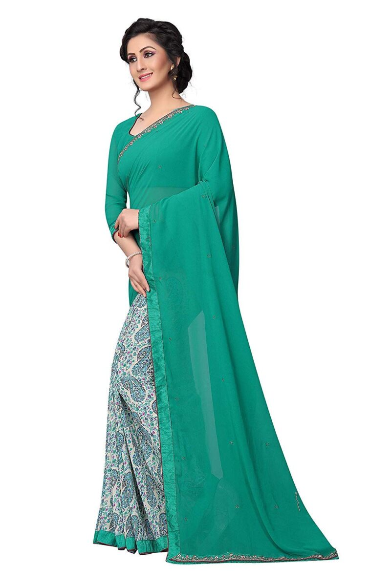 RAJESHWAR FASHION WITH RF Women's Half &Half Georgette Printed Saree With Lace & Blouse(A29 FIROZI RAMA_Free Size) - Image 4