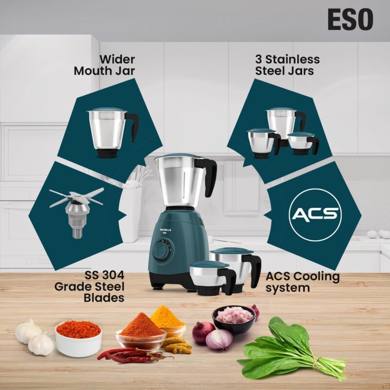 Havells ESO 750 Watts 3 Jar Mixer Grinder | Rust Resistant 304SS Blade | High Speed Mixie 21000 RPM motor| Heavy and Wider mouth SS Jars with Handle| 5 Year Motor Manufacturer Warranty (Teal) - Image 6