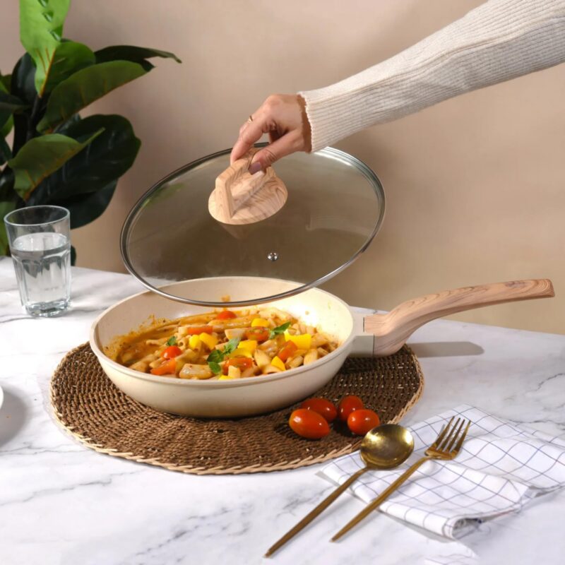 HomeEssentials Non Stick Maifan Stone Frying Pan - Fry Pan with Lid & Wooden Handle/Pre Seasoned 5 Layer Maifan Medical Stone Pan/All Gas & Induction Compatible/Chemical Coating Free,2.2 Litre - Image 5