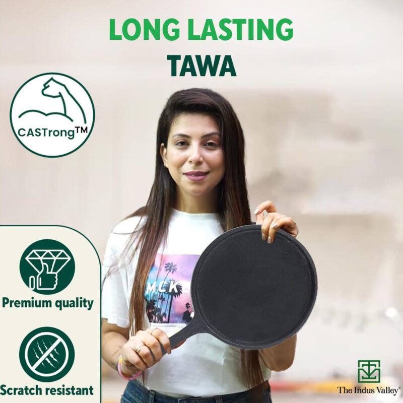 The Indus Valley Pre-Seasoned Cast Iron Tawa with Free Wooden Spatula for Dosa/Chapathi | 25.7cm/10.3 inch, 2kg | Induction Friendly | Naturally Nonstick, 100% Pure & Toxin-Free, No Chemical Coating - Image 3