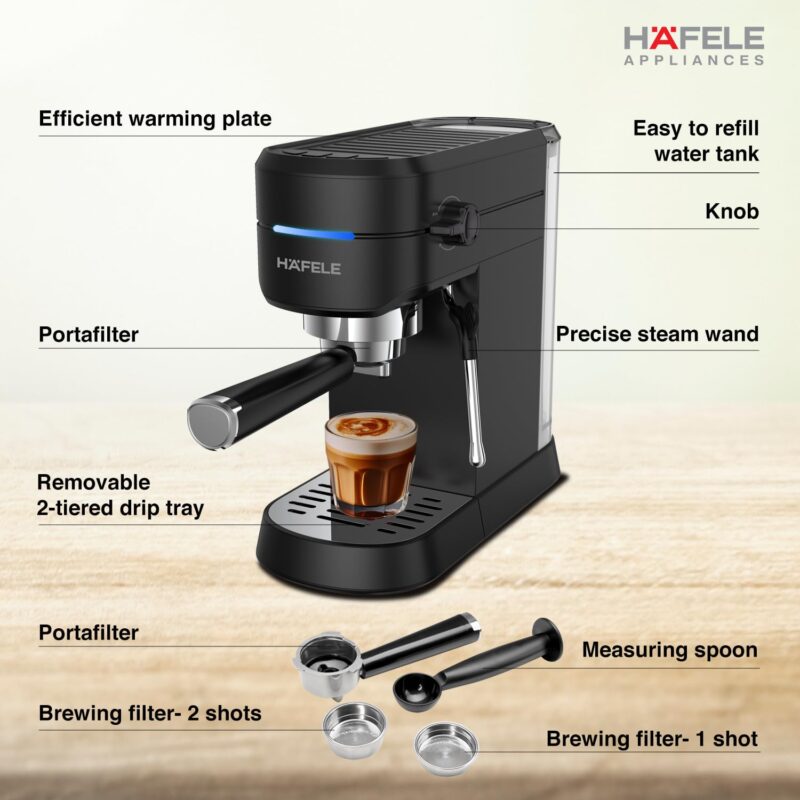 Hafele U-Kaffee Espresso Coffee Machine, 15-Bar Pressure, Removable Water Tank (1L), Single/Double Espresso, Cappuccino & Latte, Adjustable Milk Frother, Thermoblock Technology, 1450 W - Image 7