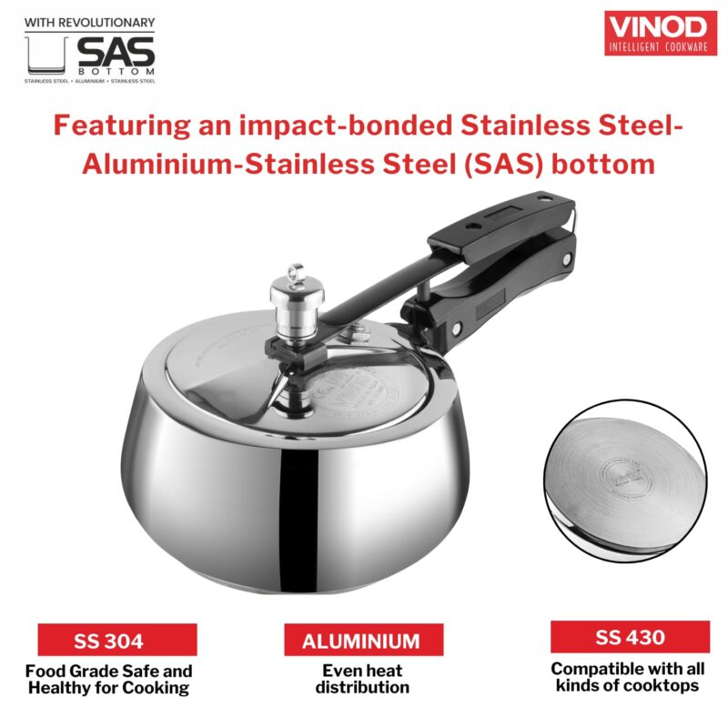 Vinod Europa Stainless Steel Inner Lid Pressure Cooker - 3 Litre | Handi Shape | Sandwich Bottom Cooker | Induction and Gas Base | ISI and CE certified - 2 Years Warranty - Image 4
