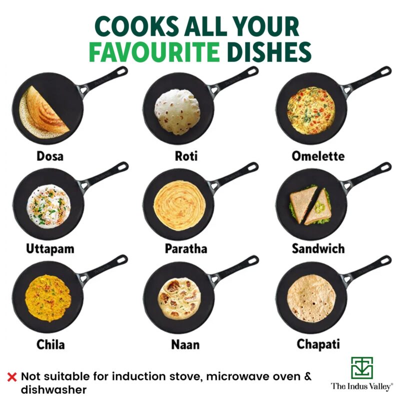 The Indus Valley Pre-Seasoned Cast Iron Concave Dosa Tawa + Free Wooden flip | 25.4cm/10 inch, 1.9kg | Gas Stove Compatible | Naturally Nonstick, 100% Pure & Toxin-Free, No Chemical Coating - Image 4