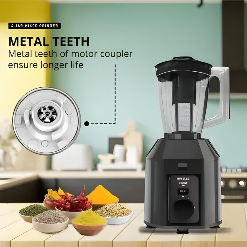 Havells Hexo Plus 1100 watts 4 Jar Mixer Grinder I 2.5 Kg Double Ball Bearing Copper Motor I 22000 RPM I 100 Minutes Run Time I Metal Teeth Coupler & Jar Base IPolycarbonate Jar, Lids with Lock - Image 4