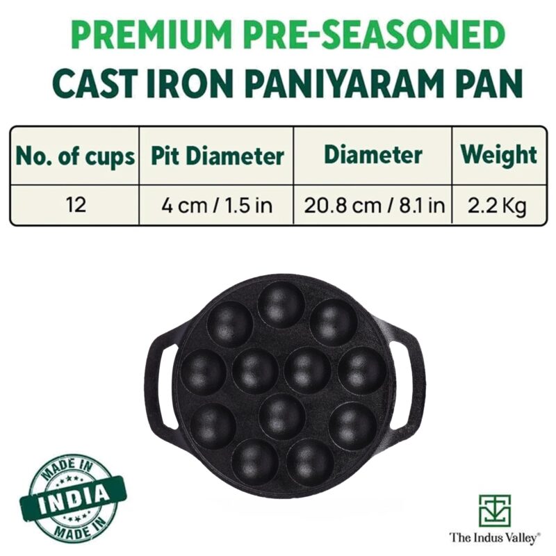 The Indus Valley Pre-Seasoned Cast Iron Paniyaram Pan With Loop Handle | 12Pit, 8.3Inch/21 Cm, 2.15Kg | Nonstick Appe/Paddu Pan, 100% Pure & Toxin-Free, Black - Image 9