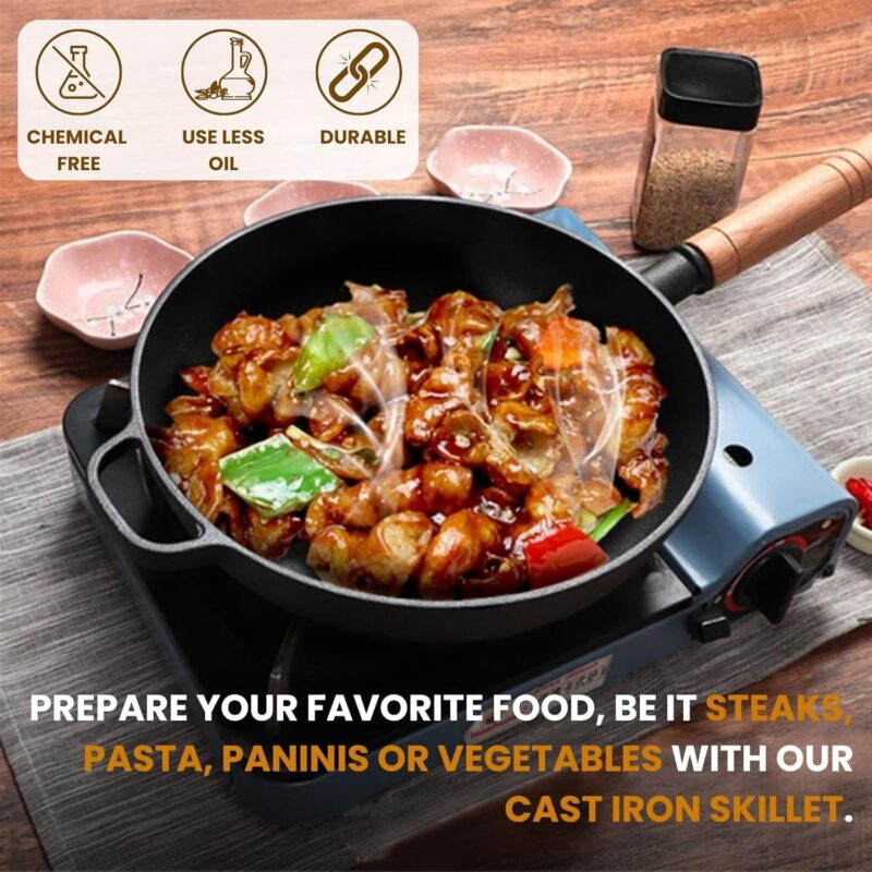 HomeEssentials Cast Iron Frypan - Skillet Pan for Frying/Natural Non Stick Pan/Induction & Gas Base/Pre Seasoned, 100% Toxin Free, Naturally Long Lasting (22cm with Lid) - Image 6