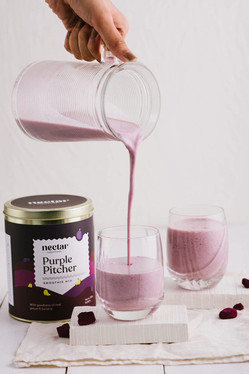 Nectar Superfoods Freeze Dried PURPLE PITCHER Smoothie Mix Powder | 20 Servings | 300 Gram Pack | Black Jamun & Banana | Healthy Shakes with 100% Natural Fruit- Veggies | No refined Sugar Added | No Preservatives | Vegan | Gluten Free | Convenient & Healt - Image 6