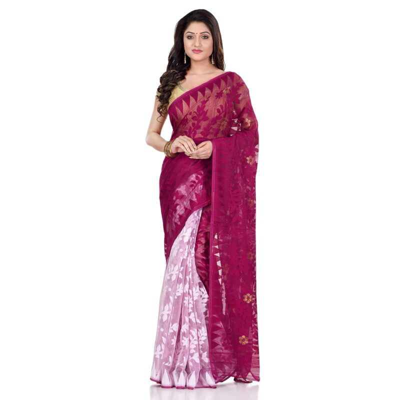 Db Desh Bidesh Women's Jamdani Cotton Saree Without Blouse Piece (Db220622Jamdanitant_Plum Jam White) - Image 4