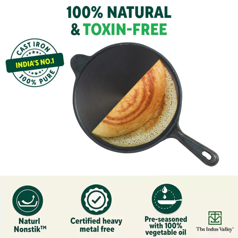 The Indus Valley Super Smooth Cast Iron Tawa for Dosa/Chapathi | 25.4cm/10 inch, 1.8kg | Induction Friendly | Naturally Nonstick, Pre-Seasoned Tawa, 100% Pure & Toxin-Free, No Chemical Coating - Image 7