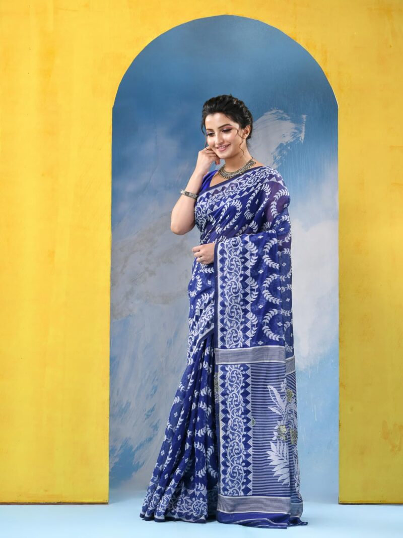 dB DESH BIDESH Women`s Resham Dhakai Jamdani Cotton Handloom Saree Rose Design Jamdani Saree (Blue White) - Image 8