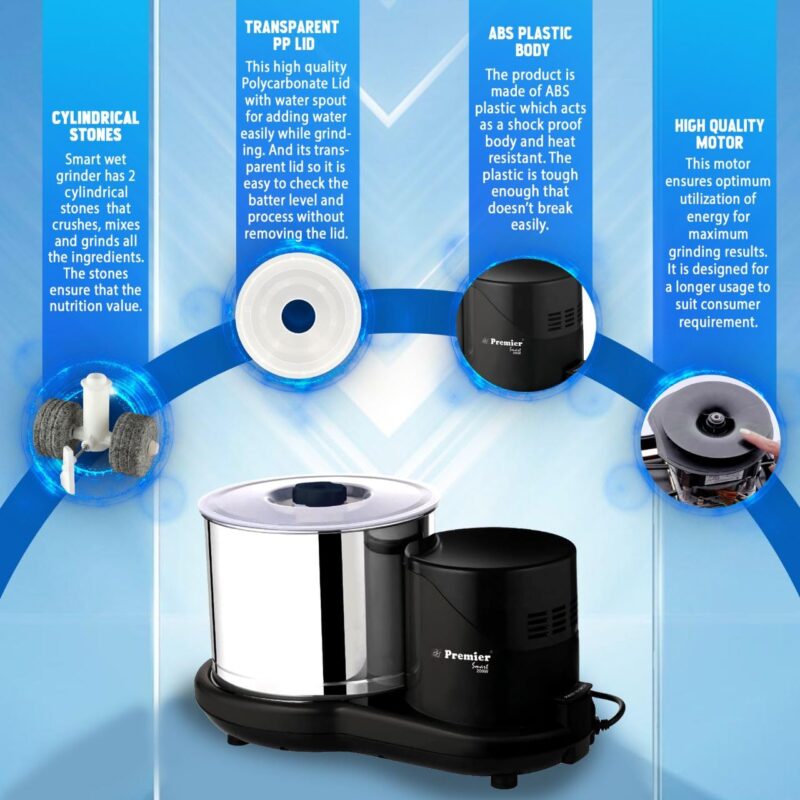Premier Smart 200w Wet Grinder 2 LTR 230v Pg-512 with Coconut Scrapper and Dough Kneader Attachment, Easy Maintenance & Functional, Versatile Grinder - Image 4