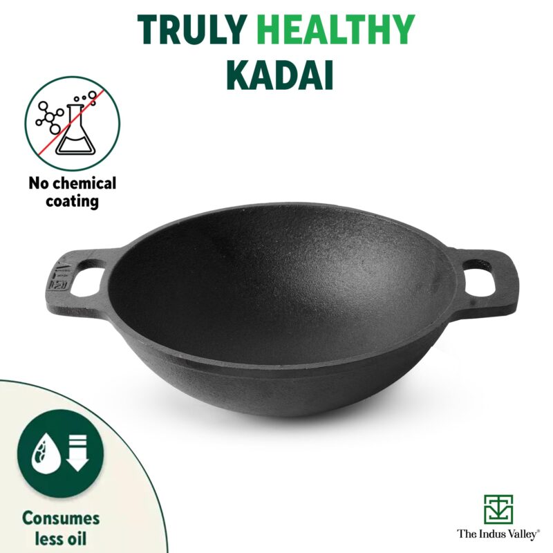 The Indus Valley Pre-Seasoned Cast Iron Cookware Set+ Free Tadka Pan|Tawa (30.5 Cm)+ Kadai (25.4 Cm/2.3L)+ Fry Pan (23 Cm/1.4L)|Kitchen Cooking Combo Pots & Pans Set Of 4Pcs|Naturally Nonstick - Black - Image 8